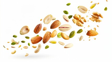 Poster - Peeled peanut hazelnut green pumpkin seeds pistachio cashew walnut and almond isolated on white background Nuts flying for vertical layout Package design element with clipping path : Generative AI