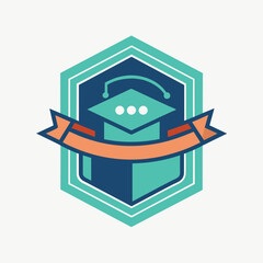 Poster - Minimalist logo featuring blue and green colors with a ribbon wrapped around it, Minimalist badge for a tech education company, minimalist logo