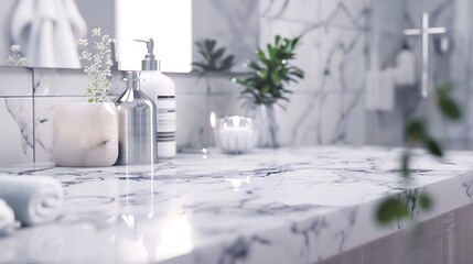 Poster - Marble counter table top in bath room background can be used mock up for montage products display or design layout : Generative AI