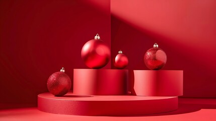 Fototapete - Red podium for christmas product display on red background Product display stand Christmas baubles decoration : Generative AI