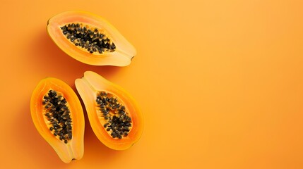 Poster - Cut Papaya over orange table background for tropical fruit design concept top view copy space : Generative AI