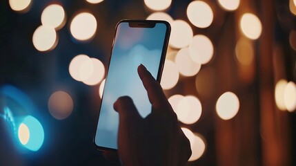 Poster - Phone in hand with social media app mockup on its screen : Generative AI