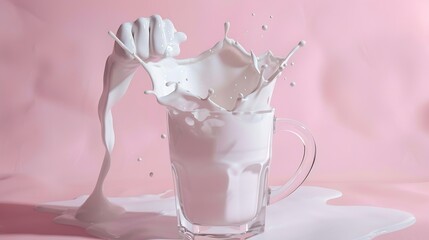 Poster - Creative layout made with glass cup of milk milk splash and milk arm muscles on light pastel cream background Minimal concept Trendy food and drink idea Milk aesthetic background compo : Generative AI