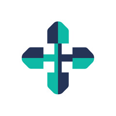 Poster - Blue and green cross logo standing out against a white background, Negative space used creatively to depict a medical cross in a minimalist logo