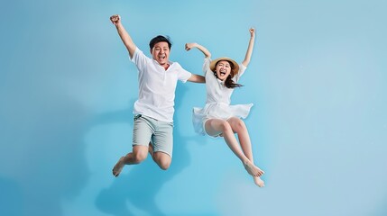 Playful energetic Asian couple in summer beach casual clothes jumping isolated on light blue background studio shot : Generative AI