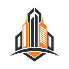 Poster - Logo design featuring orange and black colors in a building motif, A minimalist logo that captures the essence of e-commerce
