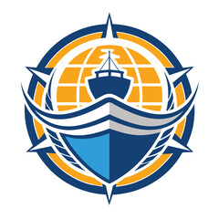 Wall Mural - A ship navigates across the sea with a globe in the distant background, Simplifying the idea of shipping into a visually striking logo