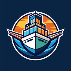 Wall Mural - A ship cruising on the water with a vibrant sunset in the background, Simplifying the idea of shipping into a visually striking logo