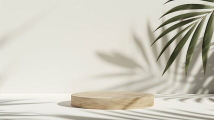 Aufkleber - White background of wall with palm shadows and wooden podium Free space for your decoration product presentation mock up show cosmetic product display Podium stage pedestal or platform : Generative AI