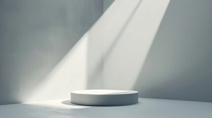 Poster - White abstract empty corner blank table studio shot empty table white podium with spotlight and bright minimal background plaster bright white and gray wall and white table stage backg : Generative AI