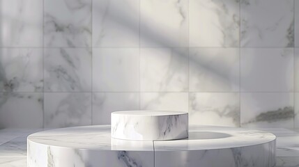 Poster - Minimal Marble Cylinder Podium on the Table with White Tile Wall Texture for Background Suitable for Premium Product Presentation Backdrop Display and Mock up : Generative AI