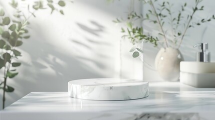 Wall Mural - Marble white podium on table for bathing product display on blur bathroom sink background : Generative AI