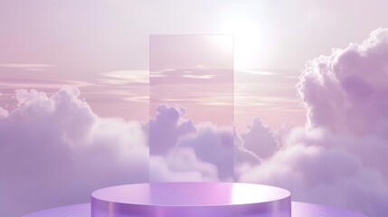 Poster - Front view of transparent podium with blank space in purple gradient cloudy sky background abstract content : Generative AI