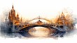 A watercolor of an intricate bridge architecture spanning a busy river, in cyber styles, clipart watercolor easy detail on white background