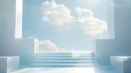 Aufkleber - Front view of white podium and stairway with blank space in blue cloudy sky background abstract content : Generative AI