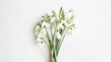 Wall Mural - Snowdrop spring first flowers bouquet isolated on white background Hello spring Creative layout Top view flat lay Design element Springtime greeting card Easter holiday concept : Generative AI