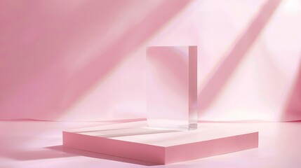 Poster - Acrylic blocks on pink background pedestal cosmetic display glass podium platform for product presentation geometric stand for cosmetics mockup scene for jewellery abstract cosmetics m : Generative AI