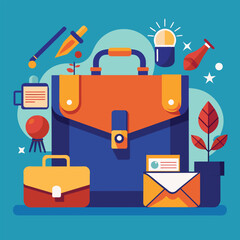 Poster - Illustration showing a briefcase in the center with numerous objects scattered around it, Unique interpretation of a briefcase symbolizing legal services