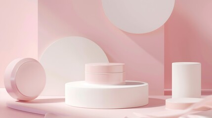 Fototapete - Abstract minimal scene with geometrical forms Cylinder podiums in cream pink colors Abstract background Scene to show cosmetic podructs Showcase display case 3d render : Generative AI