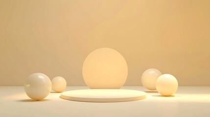 Fototapete - Abstract minimal 3D render stage with empty podium for product mockup display and 4 spheres as decoration Bright tone with light yellow background : Generative AI