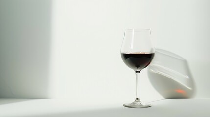 Poster - Traditional taste Glass filled with delicious high quality red wine standing near wall against white background Concept of taste alcohol wine degustation variety winemaking Flat lay : Generative AI