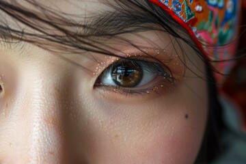 Poster - Macro shot focusing on the detail of a brown eye adorned with glitter