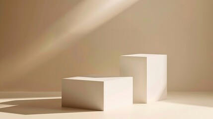 Aufkleber - Empty white podium stage made with two white cubes on a beige backdrop Mockup scene for product presentation Studio photography Product showcase or display : Generative AI