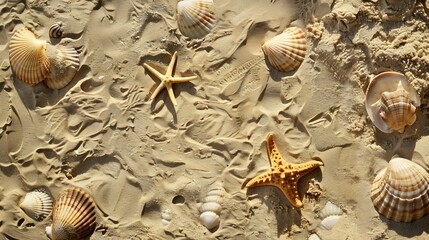 Wall Mural - Top view of a sandy beach texture with imprints of exotic seashells and starfish as natural textured background : Generative AI