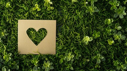 Poster - Creative layout made of heart card note on green grass moss background Top view Copy space Advertising card invitation Wild nature ecology concept Sustainable organic zero waste lifest : Generative AI