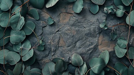 Poster - Eucalyptus leaves on stone table Frame made of eucalyptus branches Flat lay top view copy space : Generative AI