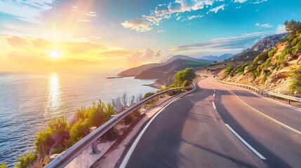 Poster - highway landscape at colorful sunset road view on mediterranean coast of spain coastal road landscape beautiful nature scenery car driving on mountain road by the sea summer vacation o : Generative AI