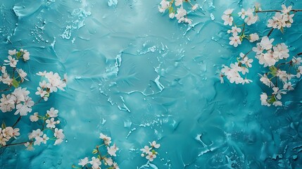 Poster - Beautiful Turquoise blue background with spring cherry blossom branches top view flat lay frame Creative springtime layout banner or template : Generative AI