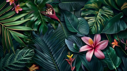 Poster - Creative nature layout made of tropical leaves and flowers Flat lay Summer concept : Generative AI