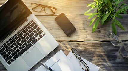 Aufkleber - workplace of businessman  laptop smartphone glasses and notepad flat top view : Generative AI