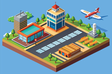 Sticker - Scene of a small airport with a plane soaring over the runway, ready for takeoff, Airport runway Customizable Isometric Illustration