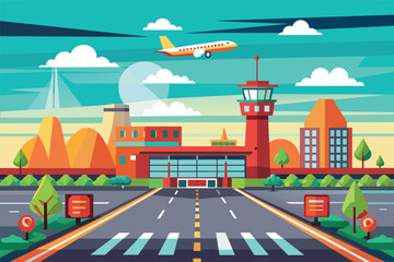 Sticker - A plane flying over the runway of an airport with clear blue skies, Airport runway Customizable Flat Illustration