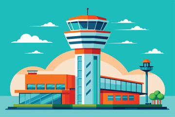 Poster - An airport building with a control tower standing in the background on a clear day, Airport tower Customizable Semi Flat Illustration