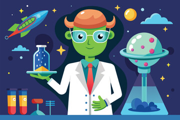 Poster - A man in a lab coat is holding a tray, focusing on scientific experiment tools, Alien science Customizable Flat Illustration