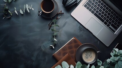 Poster - Black office desk with cup of coffee laptop computer headphones glasses paper notebook eucalyptus leaves on leather background Flat lay top view : Generative AI