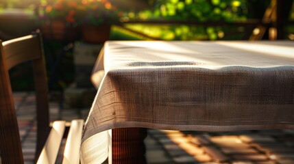 Poster - Stylish and Versatile Rustic chic Use This Wooden Table and Napkin for Any Marketing Material Wrinkled tablecloth front view mockup perspective Sunny day background : Generative AI