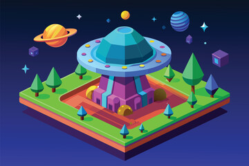 Poster - Stylized depiction of a futuristic space station with sleek design and advanced technology, Alien spaceship Customizable Isometric Illustration