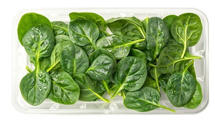 Fresh green young spinach leaves in plastic container top view isolated on white background Healthy eating and vegetarian food concept Creative layout Vitamin B Flat lay Design element : Generative AI