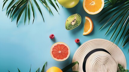 Poster - Summer composition Tropical palm leaves hat fruits on blue background Summer concept Flat lay top view copy space : Generative AI
