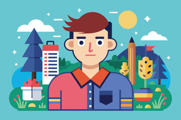 Sticker - A man stands before a towering cityscape, gazing at the urban landscape before him, Art Customizable Flat Illustration