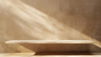 Aufkleber - Empty shelf on a beige textured plaster wall background with aesthetic floral sun light shadows product stand or podium design template for business branding advertisement mockup with  : Generative AI