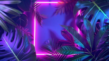 Poster - Creative fluorescent color layout made of tropical leaves with neon light square Flat lay Nature concept : Generative AI