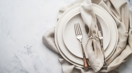 Wall Mural - White craft plate cutlery and napkin on white stone table knife and fork on beige napkin Top view copy space Table setting background for menu layout recipe background food flat lay : Generative AI