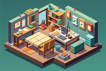 Sticker - A room featuring a desk and bookshelf, perfect for working or studying, Atelier Customizable Isometric Illustration