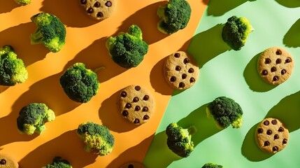 Aufkleber - In this board game 
broccoli beats chocolate chip cookies that means healthy food is better than junk food so win this game Creative flat lay concept : Generative AI