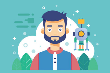 Poster - Bearded man faces robot in a customizable cartoon illustration, Autonomy Customizable Cartoon Illustration